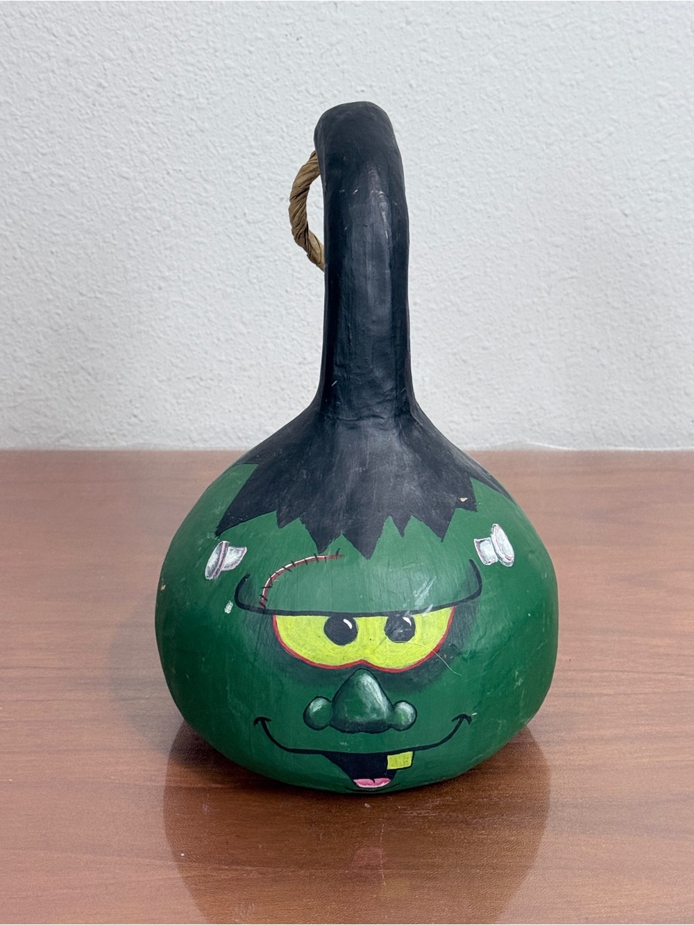 Vintage Hand-Painted Frankenstein Halloween Gourd Decor 10-inch